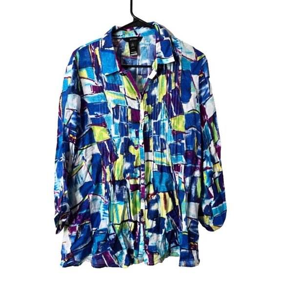Ali Miles Blouse L Pintucked Artsy Geometric Button Up Business Casual Collared - Picture 1 of 14